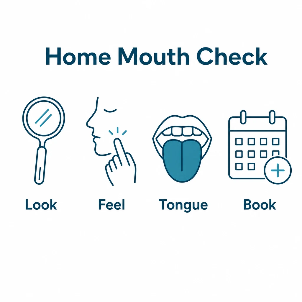 At-home mouth check graphic showing look, feel, tongue and book steps