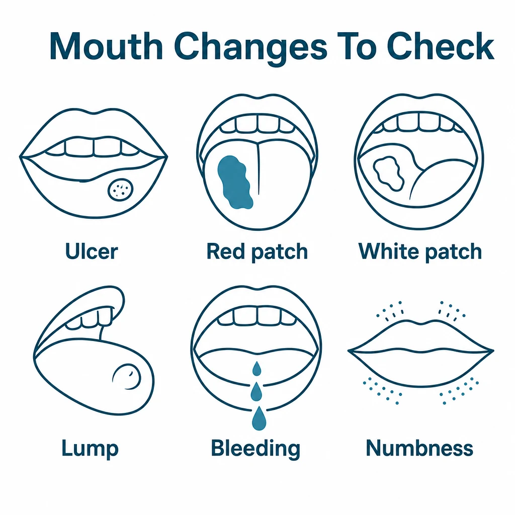 Checklist graphic of mouth changes to get checked, including ulcers, patches and lumps