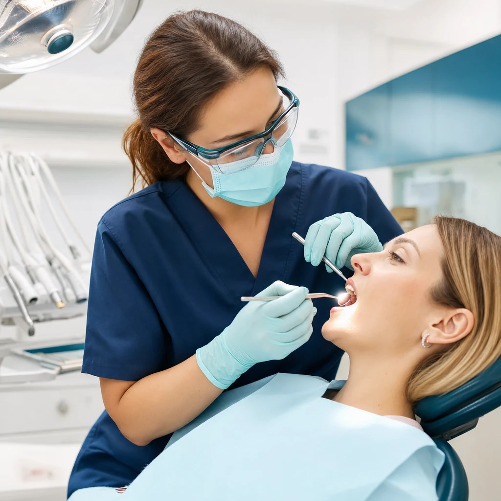 Clinician carrying out an oral soft tissue screening with a dental mirror