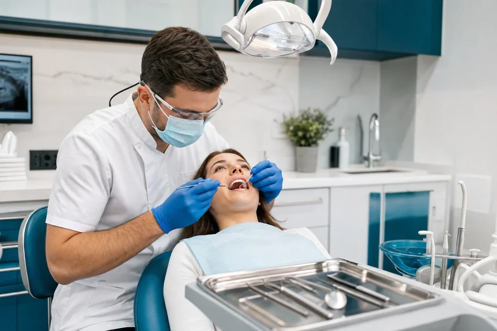 Dentist examining a patient's mouth during a routine oral health check