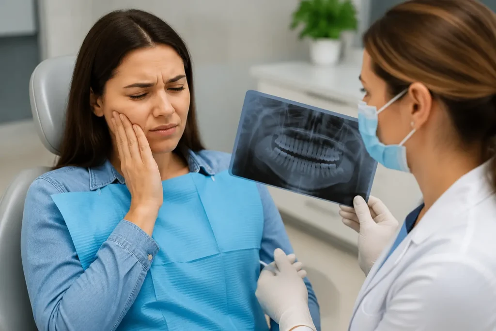 Patient consulting dentist with dental X-ray
