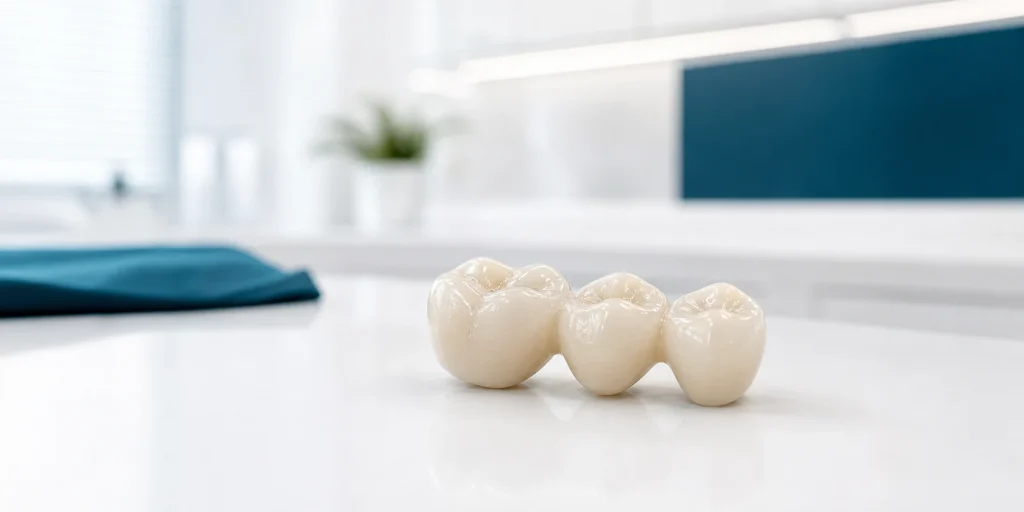 Ceramic dental bridge on a clean clinical surface