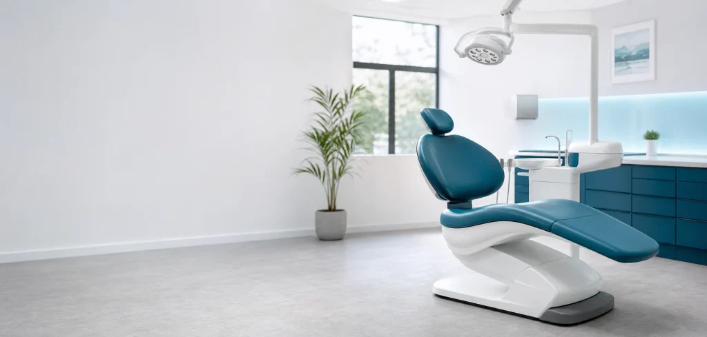 Clean modern dental surgery with an empty treatment chair.