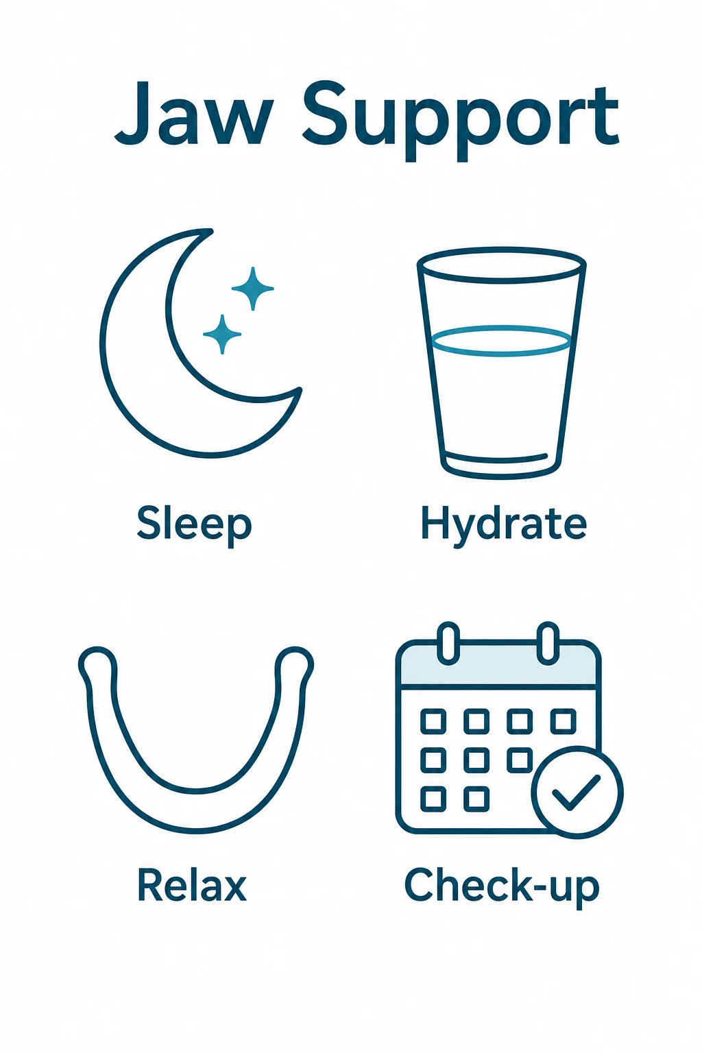 Checklist graphic showing sleep, hydration, relaxation and check-ups for jaw support