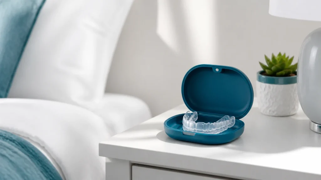 Clear dental night guard in a teal case on a white bedside table