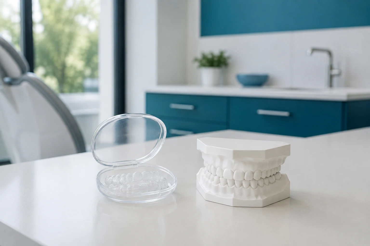 Clear aligner case and dental model on a tidy consultation surface