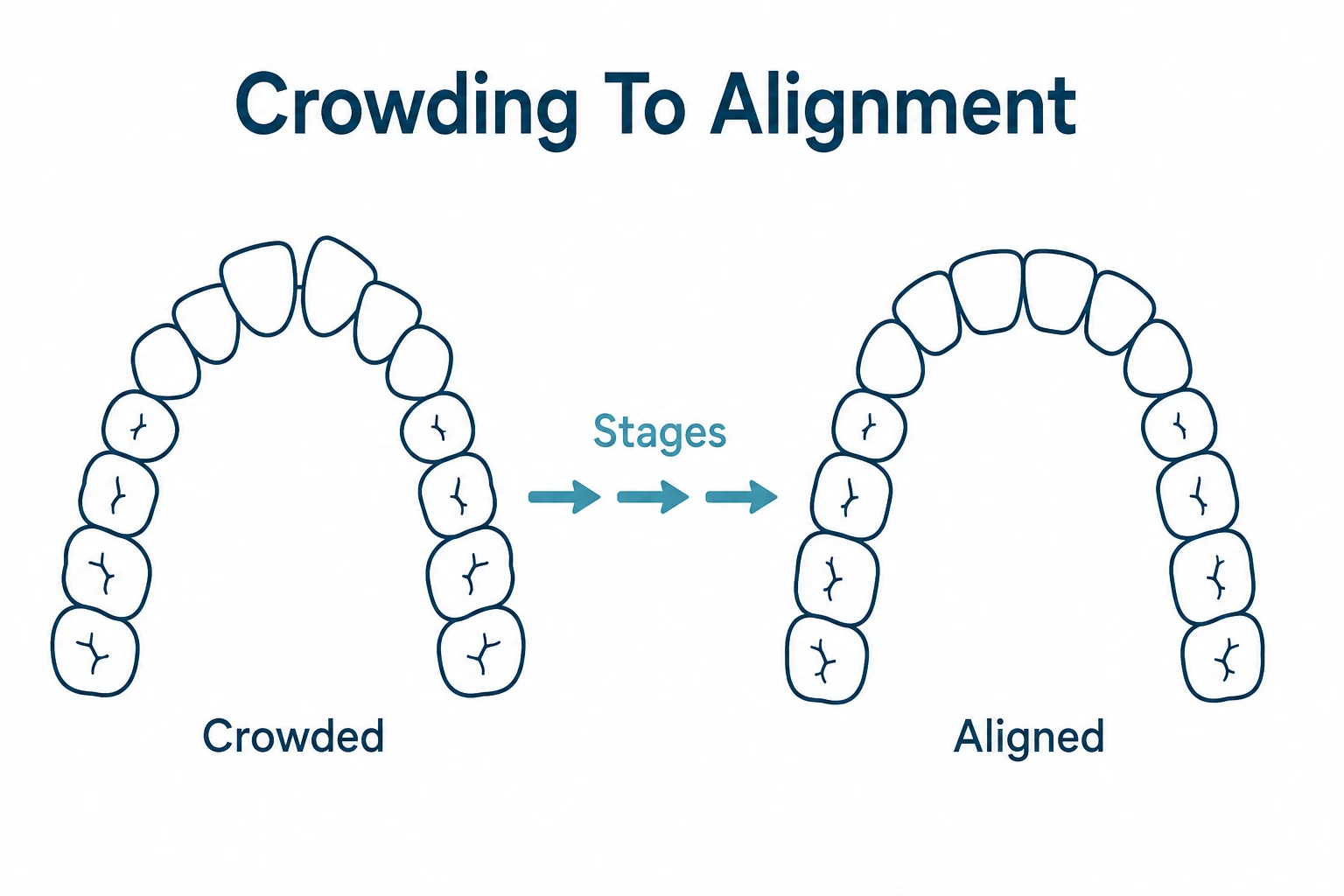 Graphic showing crowded teeth becoming more aligned with clear aligners
