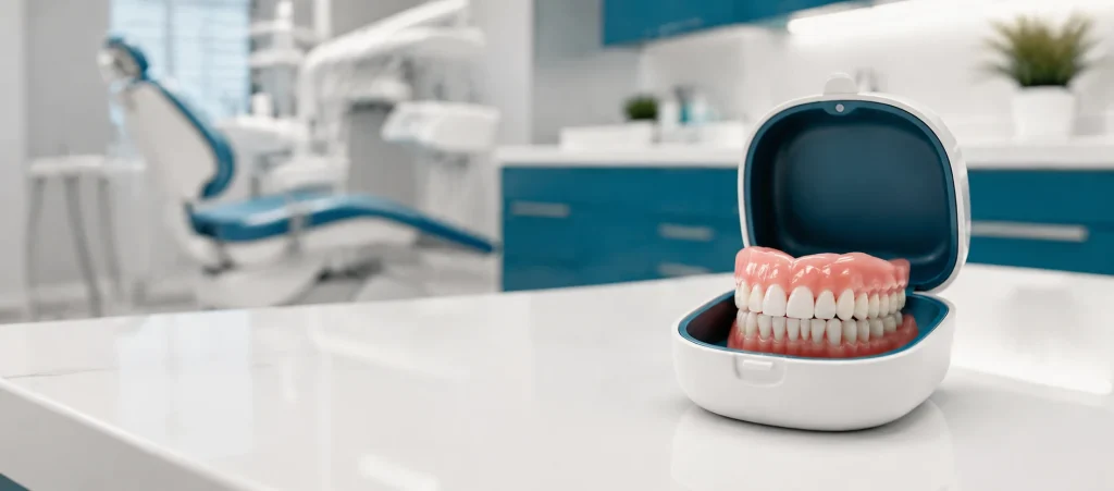 New dentures in a clean dental clinic setting